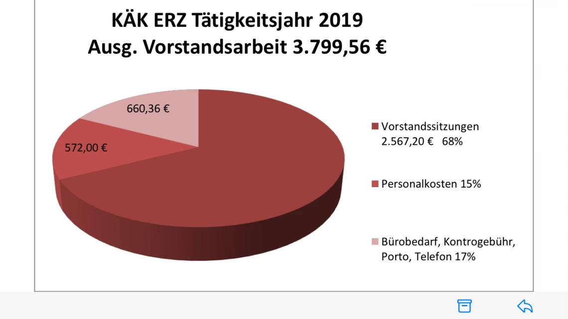 Grafik: Kuchendiagramm über die Ausgaben der Vorstandsarbeit in Höhe von 3.799,56€ des KÄK ERZ Tätigkeitsjahr 2019. Die Vorstandssitzungen machten mit 2.567,20€, 68% der Ausgaben aus. Die Personalkosten machten 15% aus und Bürobedarf, Kontogebühr, Porto und Telefon 17%.